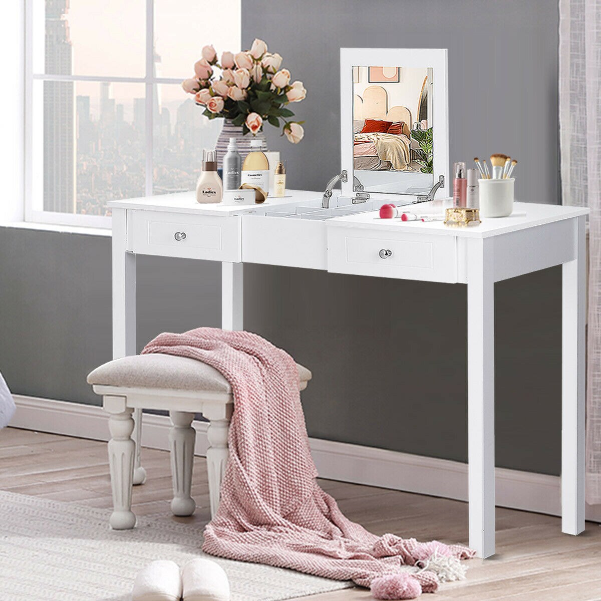 Modern Vanity Dressing Table with 1 Flip Top Mirror and 2 Drawers for Girls