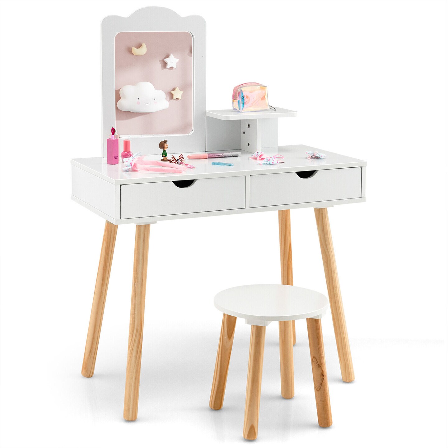 Kid Vanity Table Chair Set with Mirror and 2 Large Storage Drawers