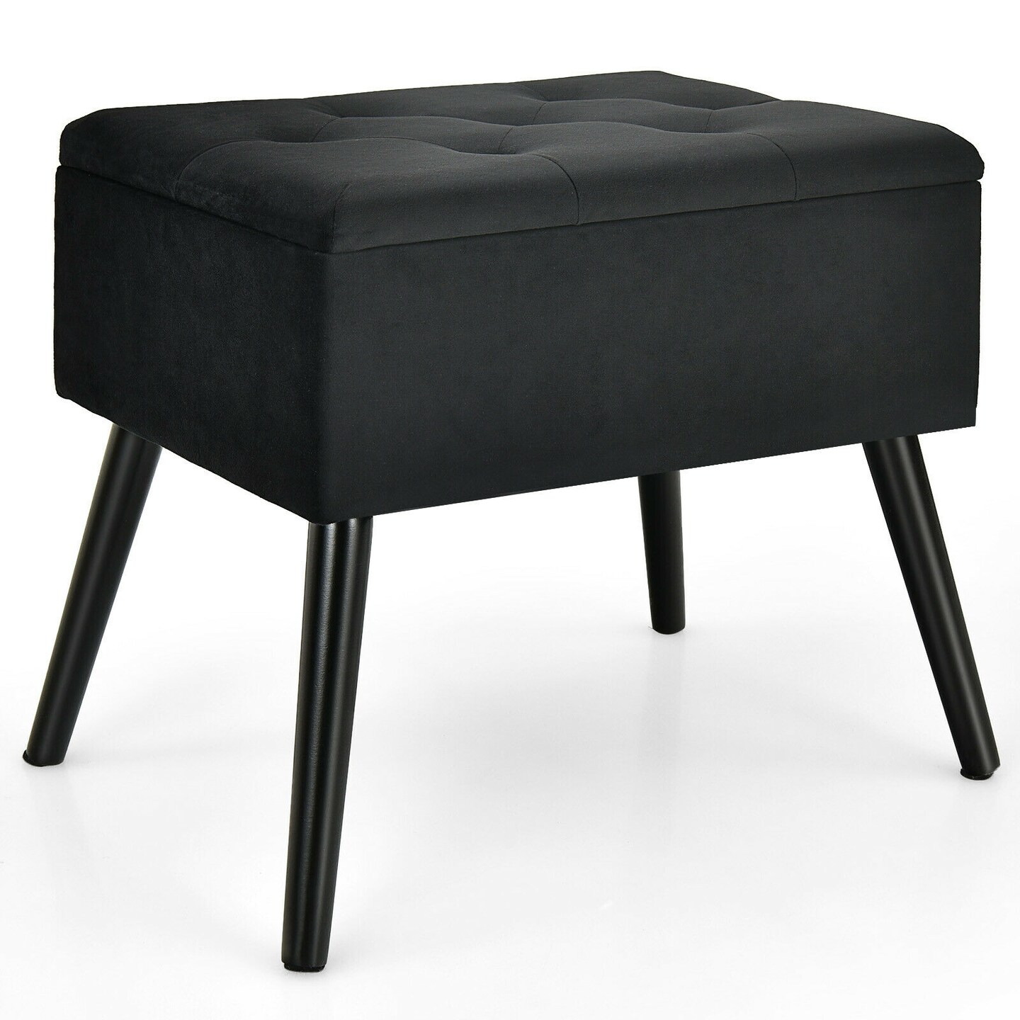 Black Velvet Storage Ottoman with Thick Cushion and Solid Wood Legs