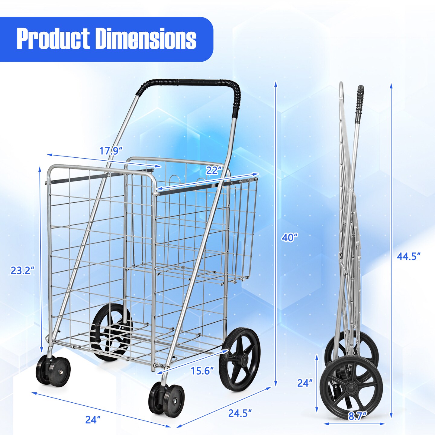 Folding Shopping Cart for Laundry with Swiveling Wheels &#x26; Dual Storage Baskets