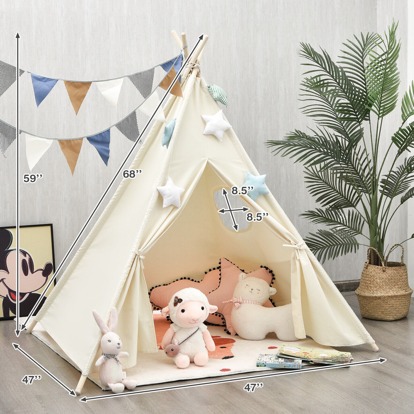 Beige Fold able Kids Canvas Teepee Play Tent with Wooden Support