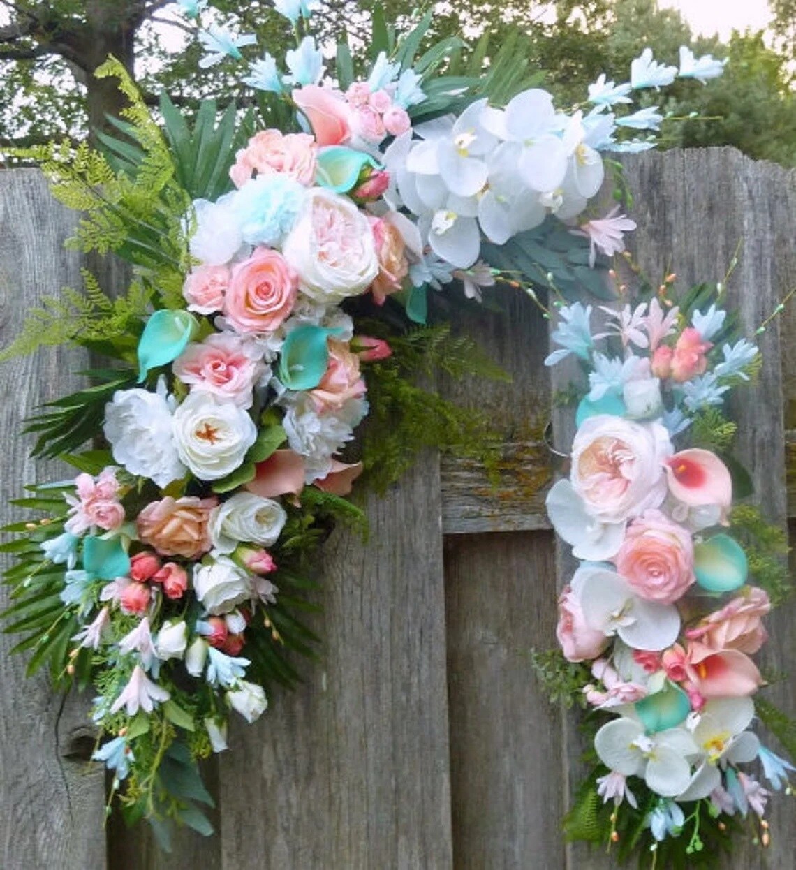 Wedding Arch Flowers, Coral, White and lite Turquoise Blue Wedding swag ...