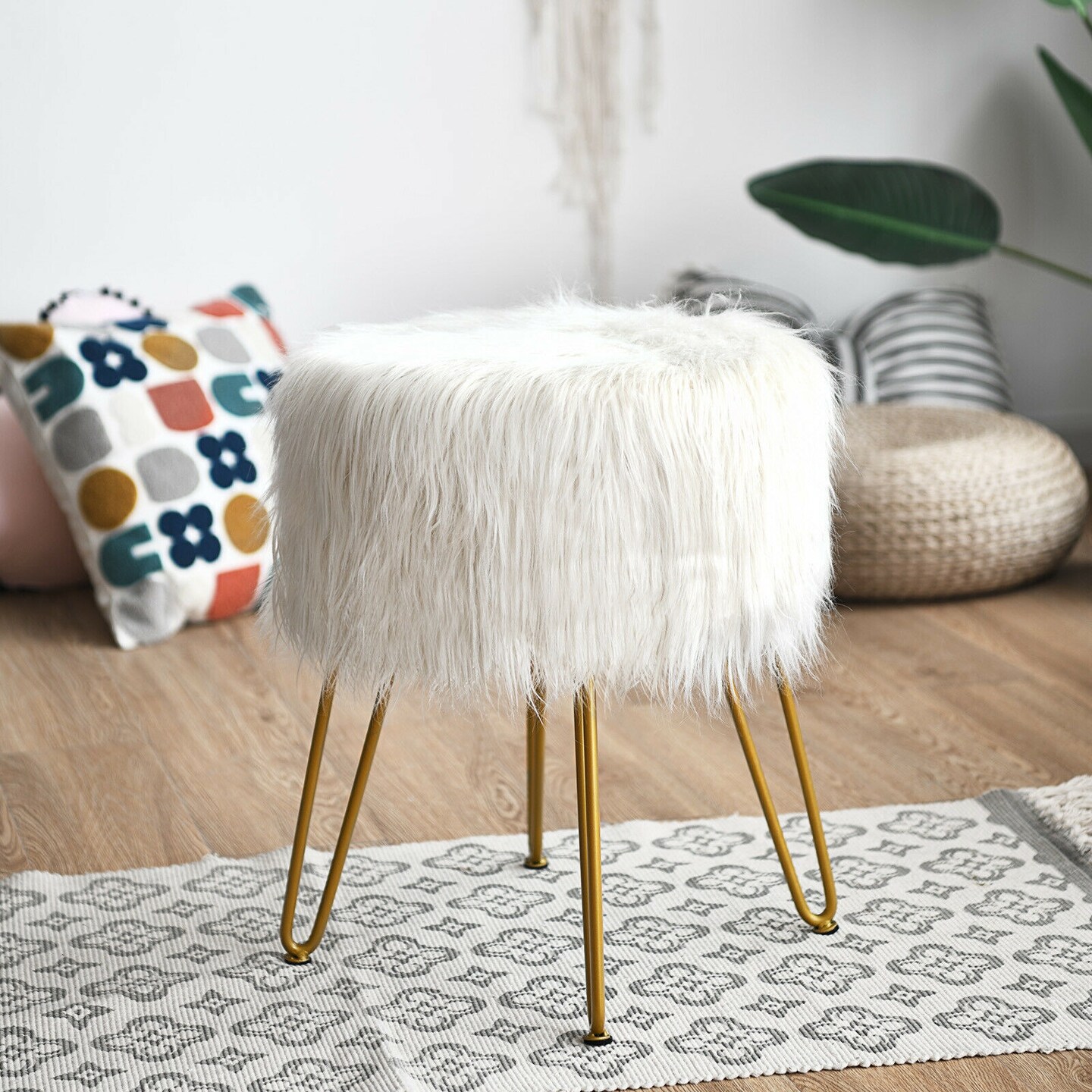 Faux Fur Vanity Chair Makeup Stool Furry Padded Seat Round Ottoman