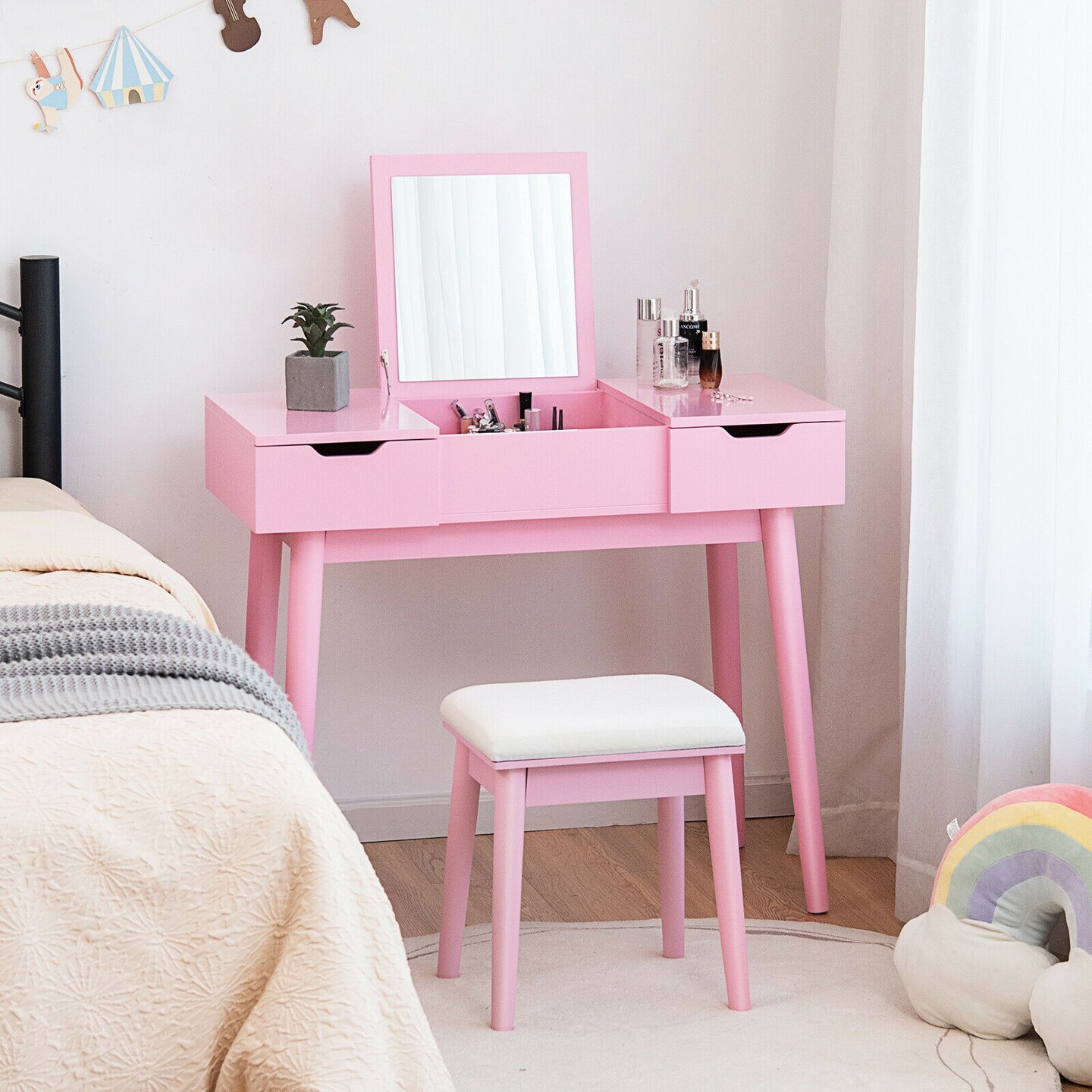 Makeup Vanity Desk with Stool 2 Drawers 9 Removable Dividers Pink