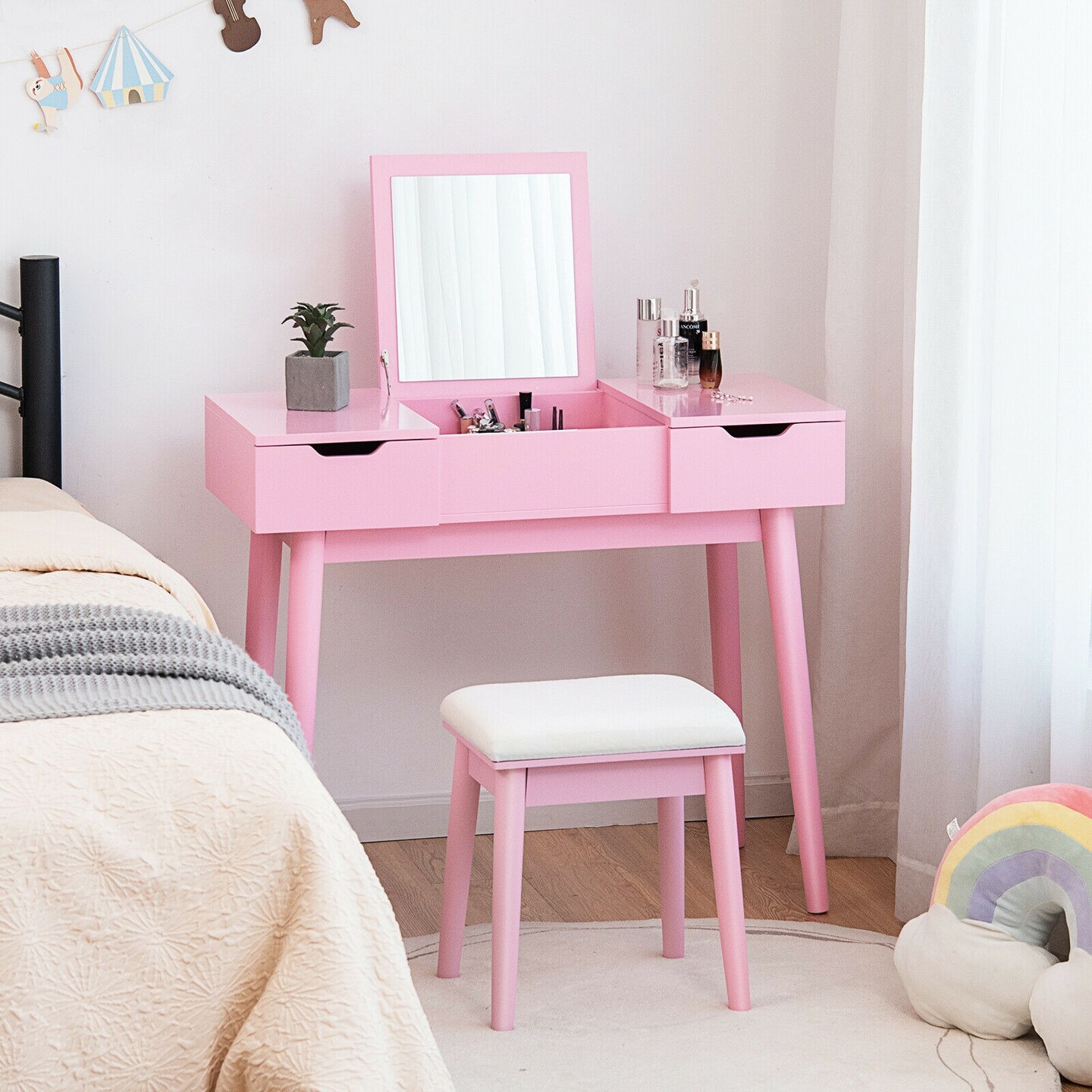 Makeup Vanity Table Set with Flip Top Mirror and 2 Drawers