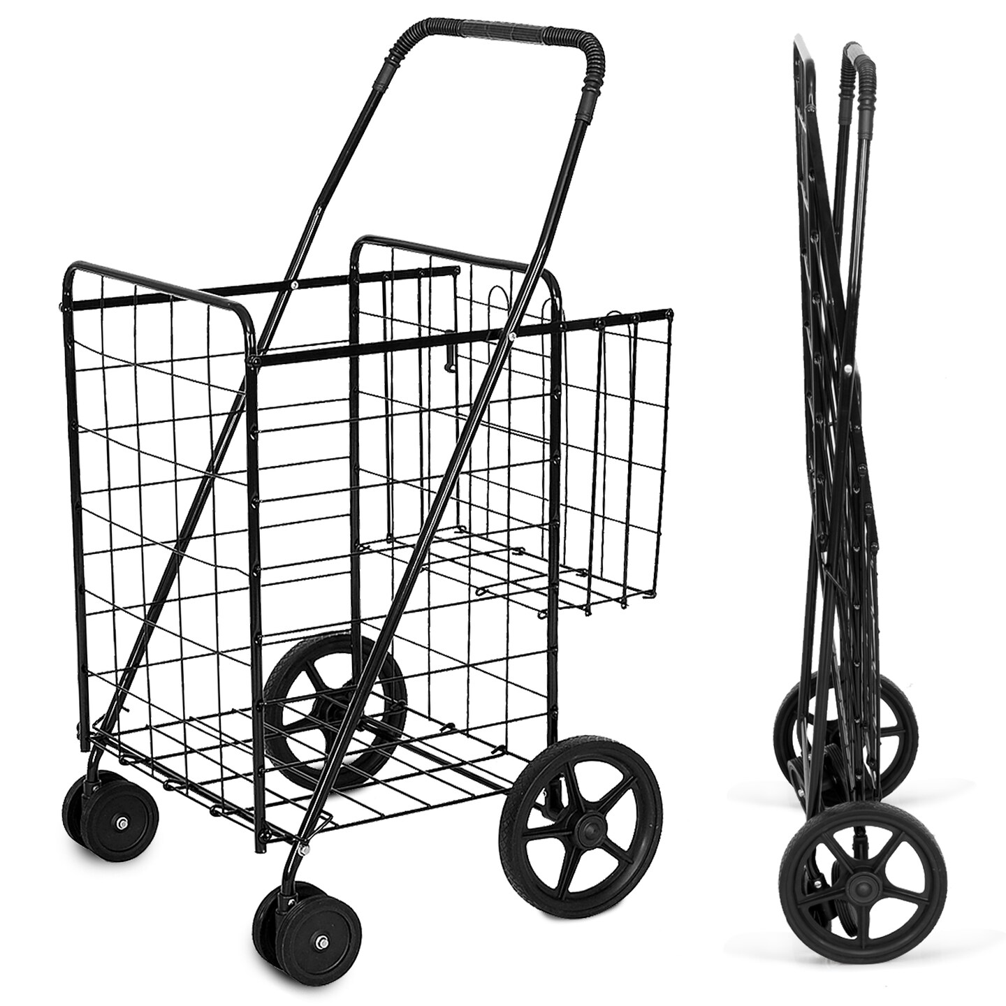Folding Shopping Cart for Laundry with Swiveling Wheels &#x26; Dual Storage Baskets