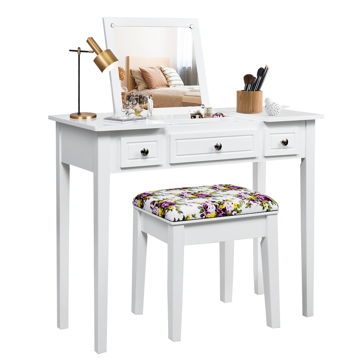 2-in-1 Vanity Table and Writing Desk with Mirror Storage and Stool Space Saving Design