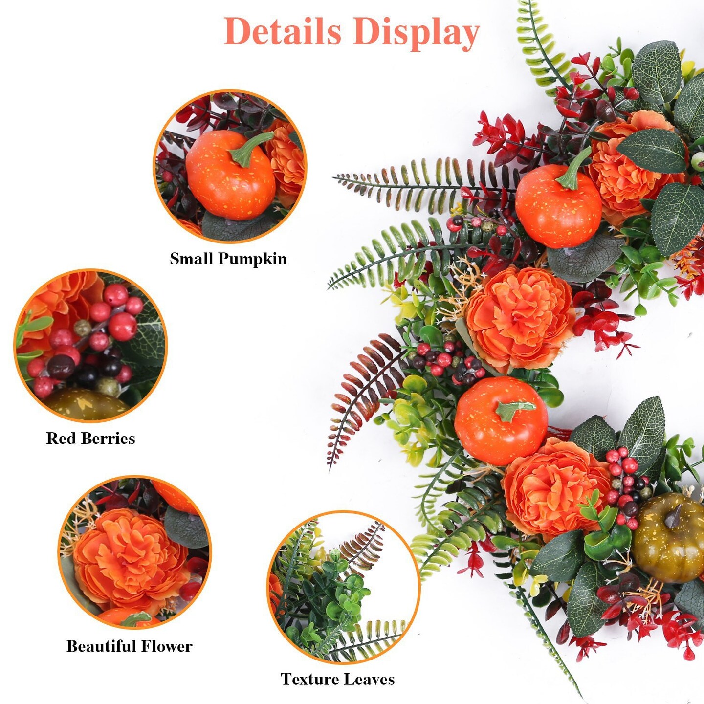 17.71 Inch Autumn Wreath with Pumpkin Mixed Leaves Berries Flowers Fall Decoration