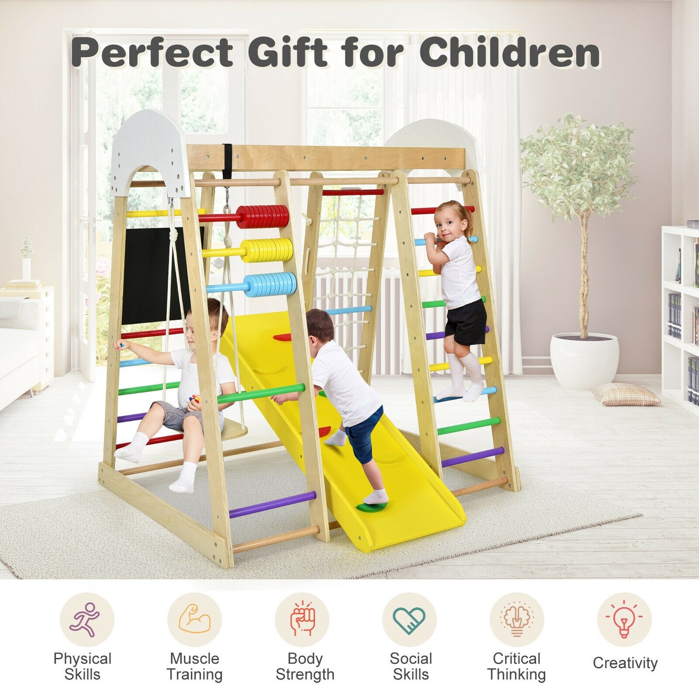 8-in-1 Multi-Functional Kids Wooden Climber Gym Playset Suitable for Indoor or Outdoor Space