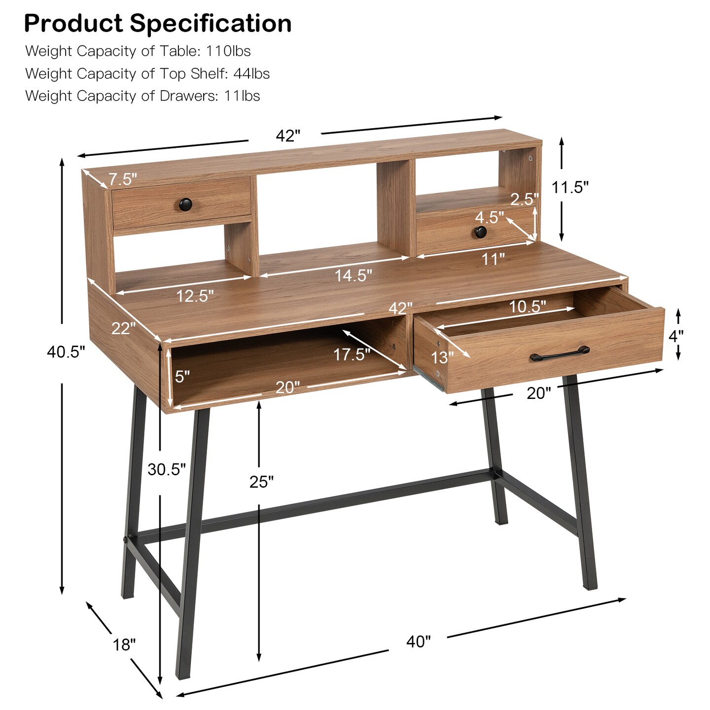 42-Inch Vanity Desk with Tabletop Shelf and 2 Drawers-Natural