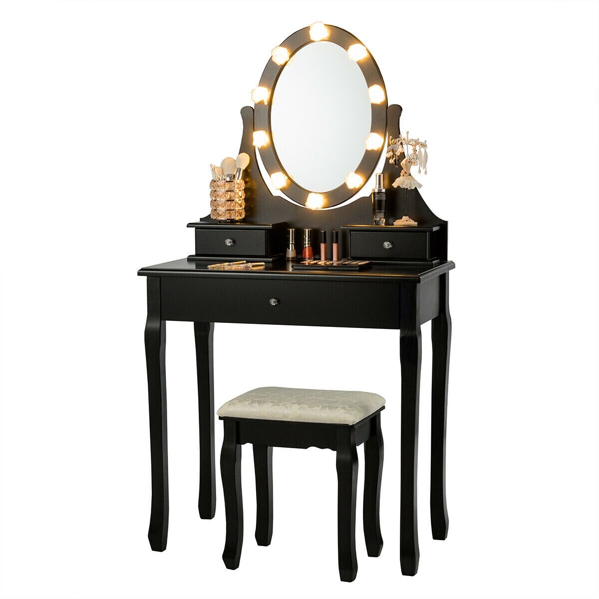 3 Drawers Lighted Mirror Vanity Dressing Table Stool Set