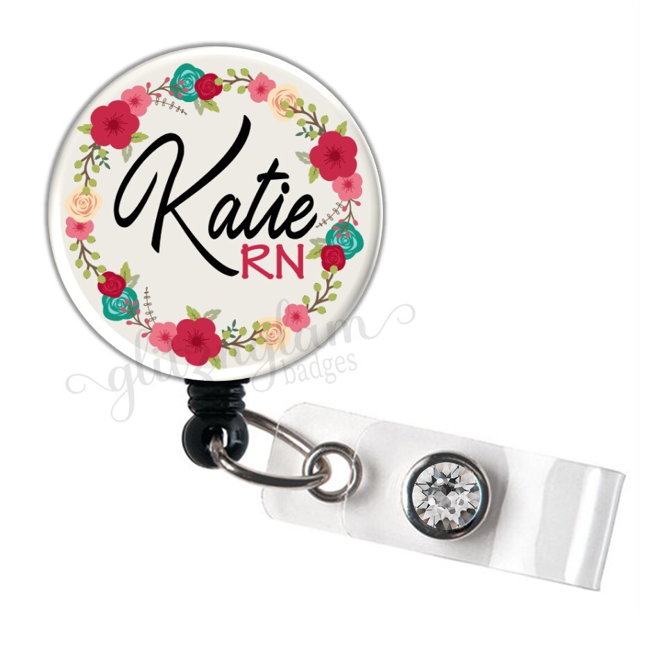 Personalized Badge Reel, Retractable ID Holder, Floral Badge