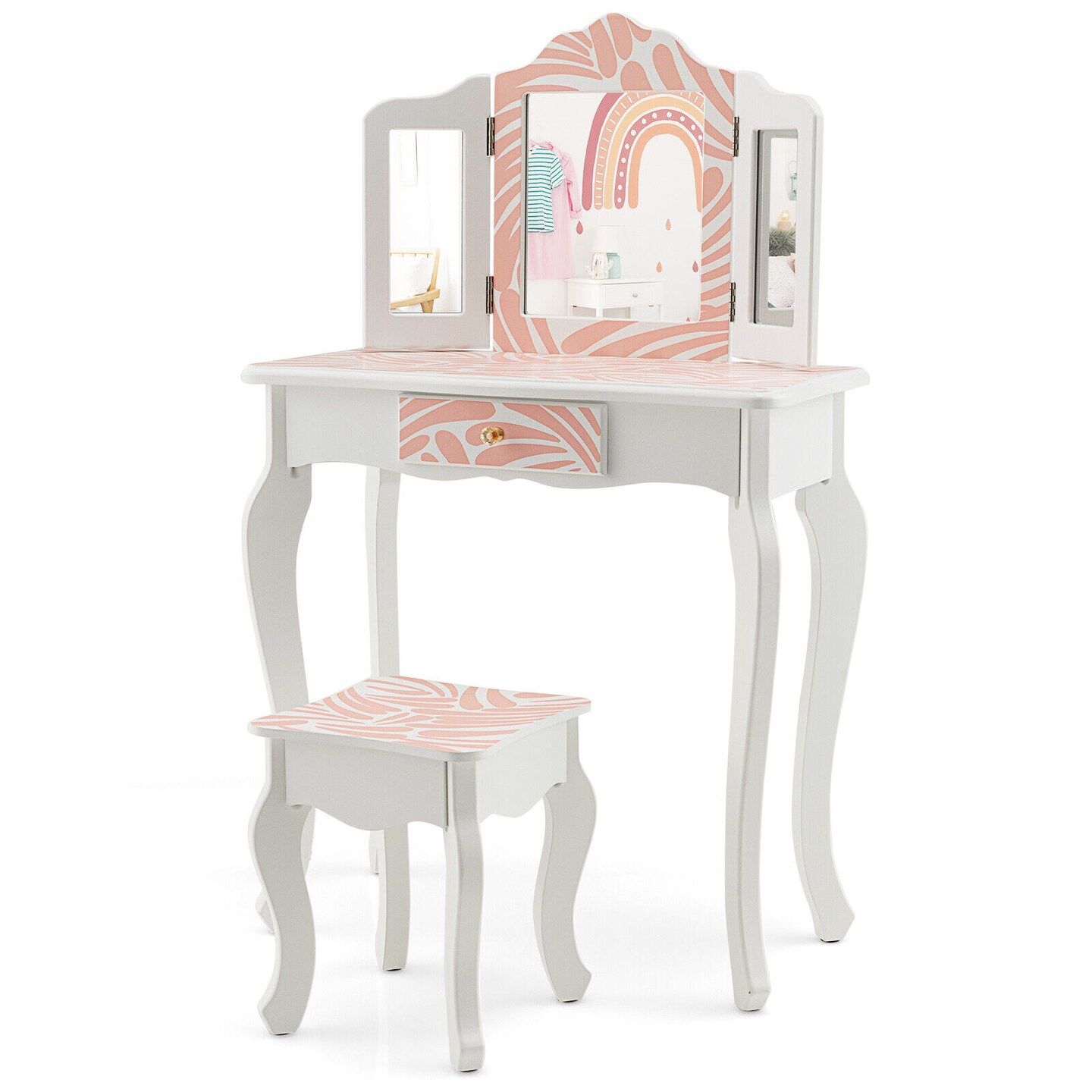 Pink White Kids Vanity Table and Stool Set Tri-Folding Mirror Zebra Print