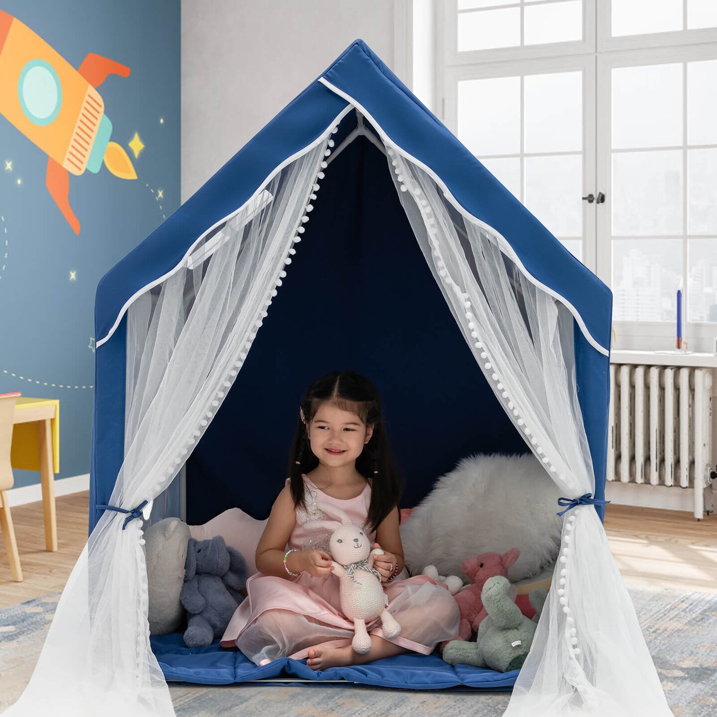 Kids Indoor Playhouse Tent with Removable and Comfortable Cotton Mat and Mesh Curtains