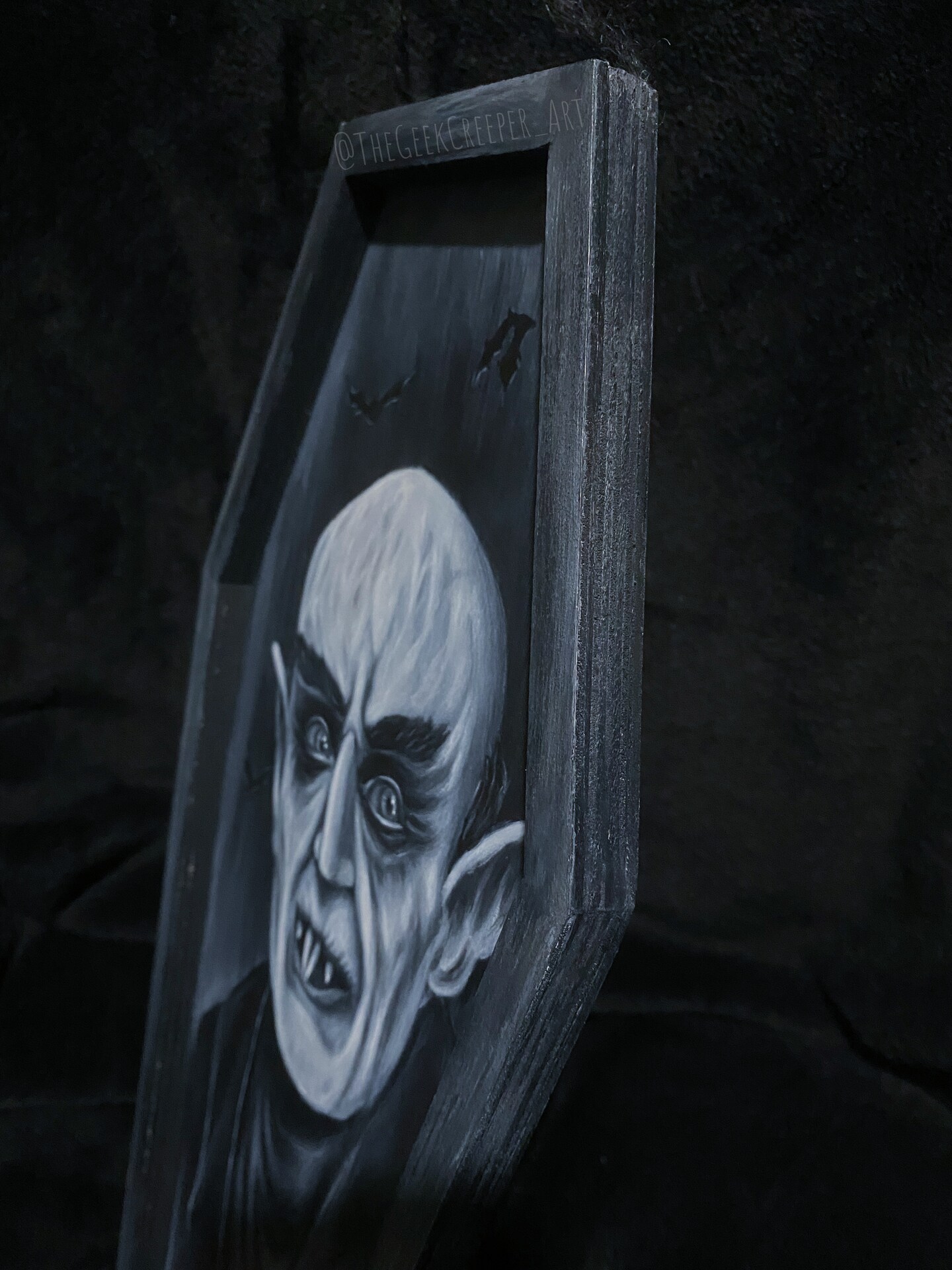 Count Orlok painting on coffin shaped wood panel 18”x8” product 4