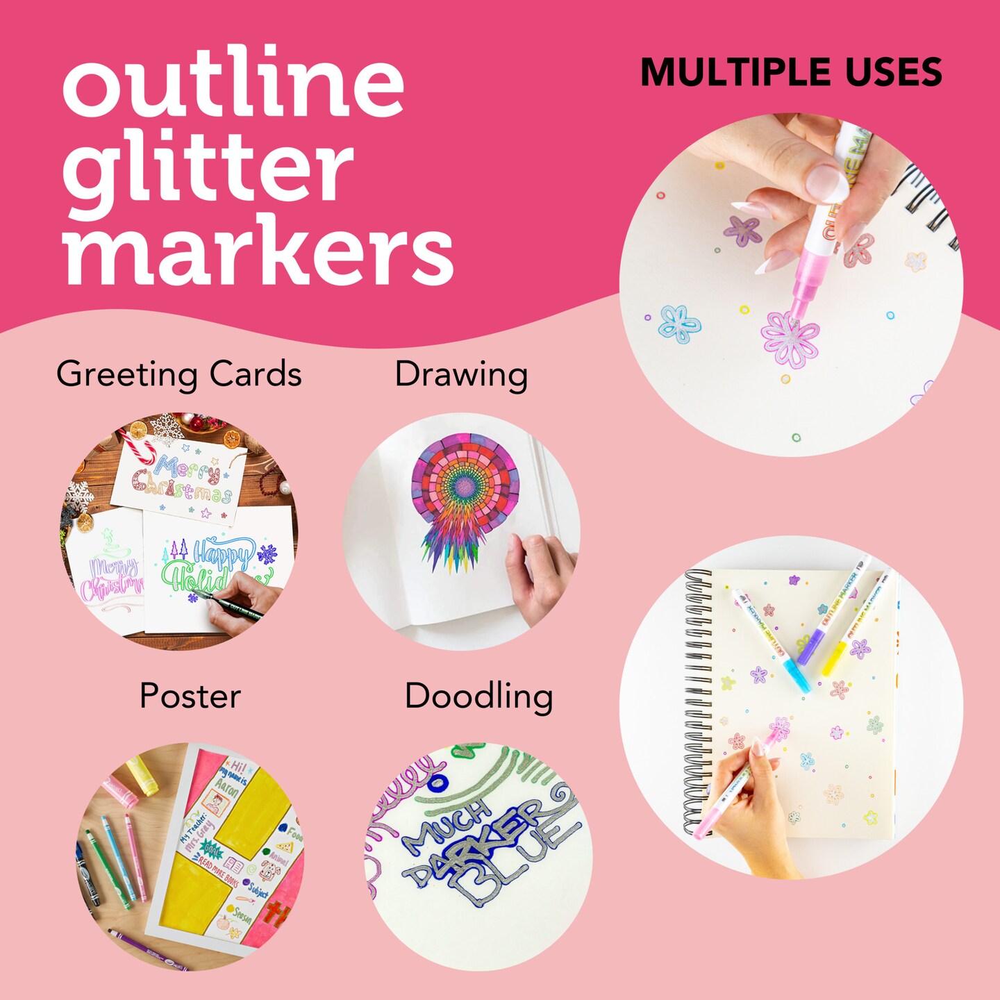 Outline Markers, Double Line Glitter Shimmer Markers Set of 8/12/24 Colors Self-outline Metallic Markers Pens for Card Making, Lettering, DIY Art