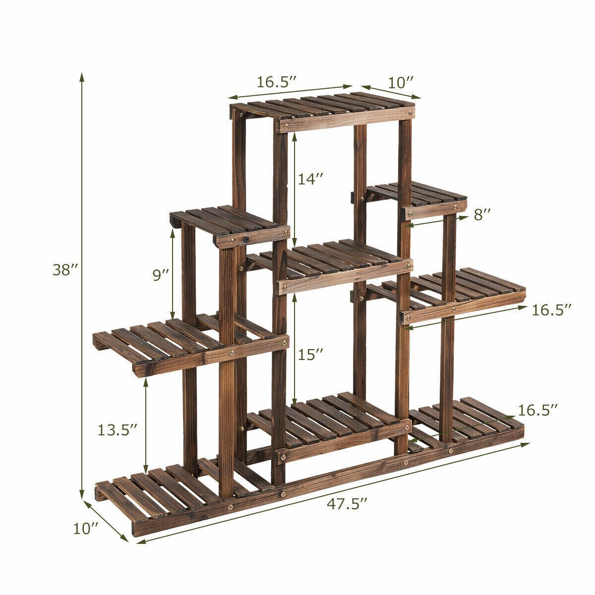 Carbon Baking 6-Tier Solid Wood Plant Stand Indoor Outdoor Flower Pot Rack