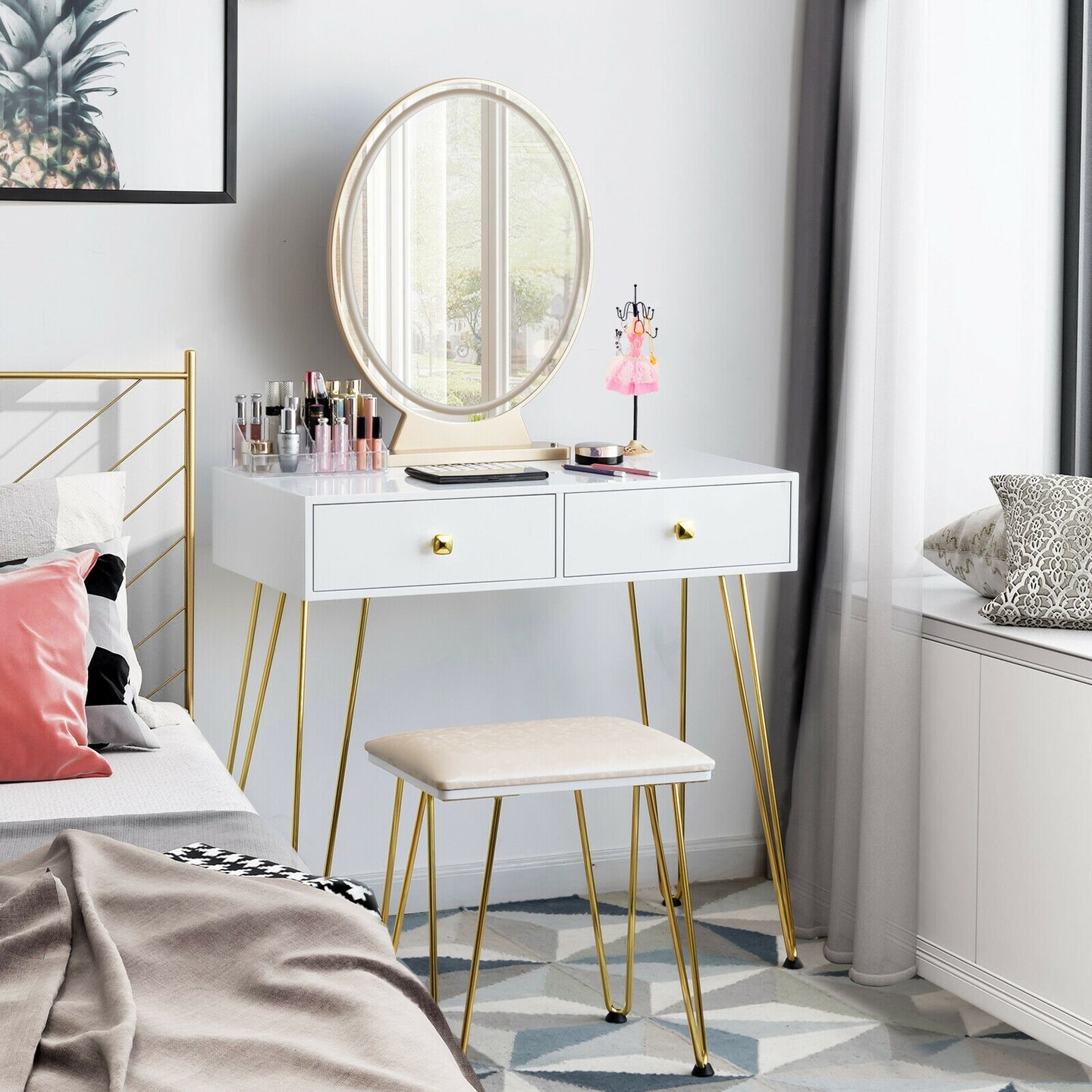 Makeup Dressing Table Included Soft Cushion Seat Stool with 3 Lighting Modes and 2 Large Drawers
