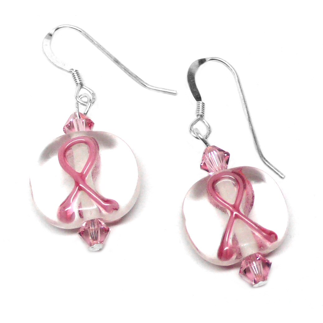 Pink Ribbon Breast Cancer Awareness Earrings Lamp Work Clear Glass Sterling  Silver