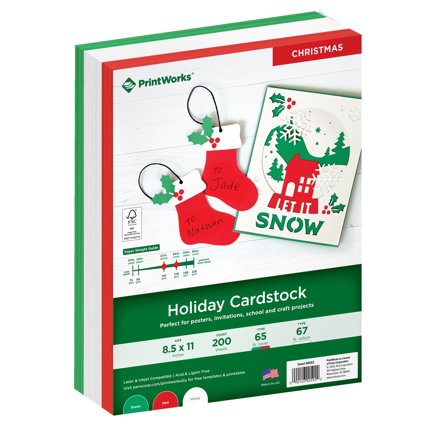 Printworks Holiday Cardstock, Includes Green, Red and White Cardstock