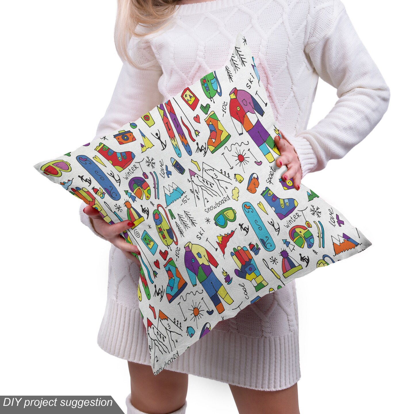 Ambesonne Ski Pattern Fabric by the Yard, Colorful Pattern with Jumble Winter Sports Accessories and Clothes, Decorative Fabric for Upholstery and Home Accents, White and Multicolor