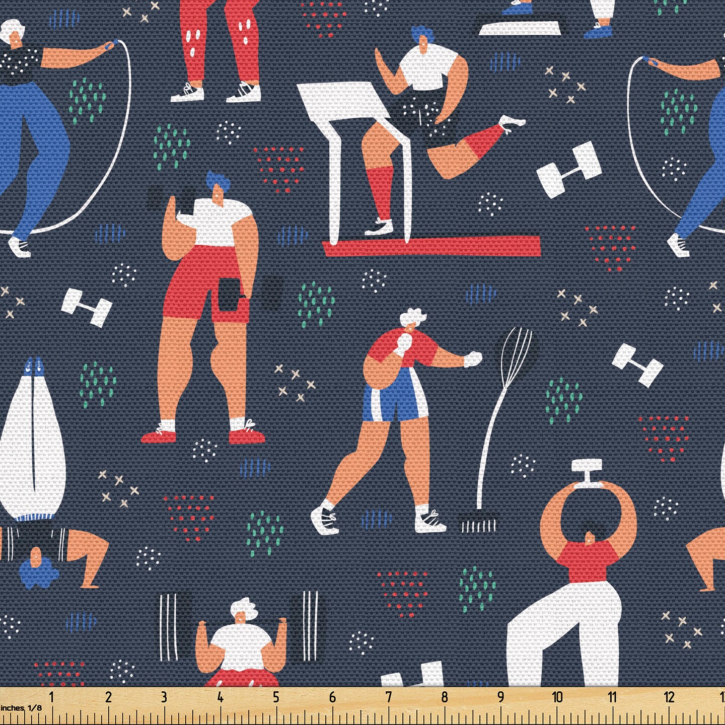 Ambesonne Sports Fabric by the Yard, Fitness Modern Funny Sportive Characters Boxing Weight Lifting Cardio, Decorative Fabric for Upholstery and Home Accents, Dark Blue Grey Multicolor