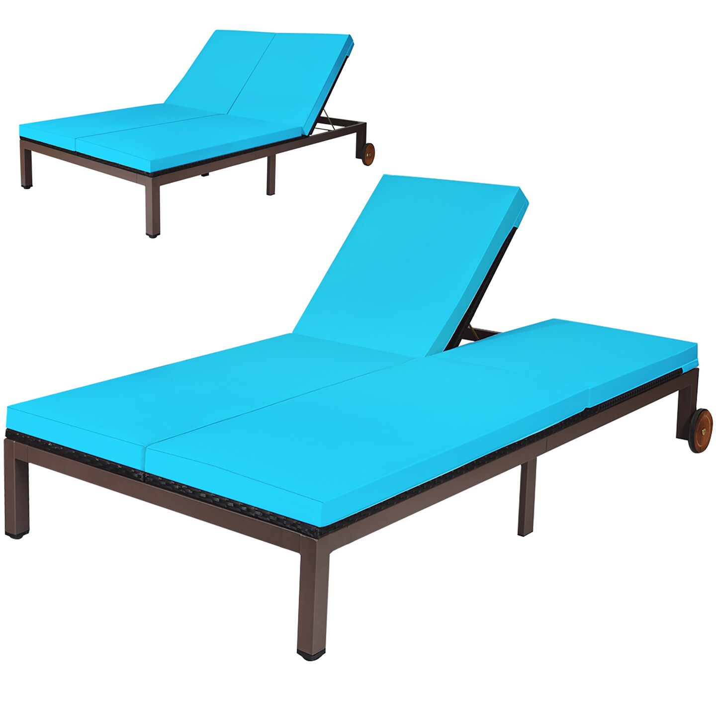 Costway 2-Person Patio Rattan Lounge Chair Chaise Recliner Adjustable Cushion Turquoise