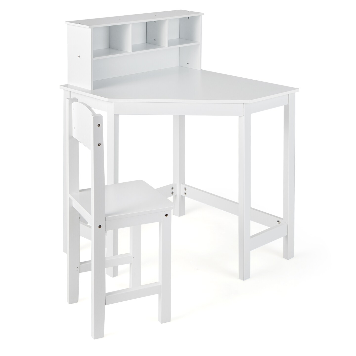 White Kids Study Corner Desk with Chair and Storage Hutch