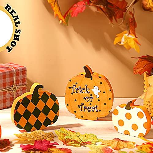 3 Pieces Thanksgiving fall Pumpkin Table Wooden Sign Autumn Table Pumpkin Decoration Reversible Double Printed Freestanding Decor for Thanksgiving Harvest Fall Autumn (Happy Style)