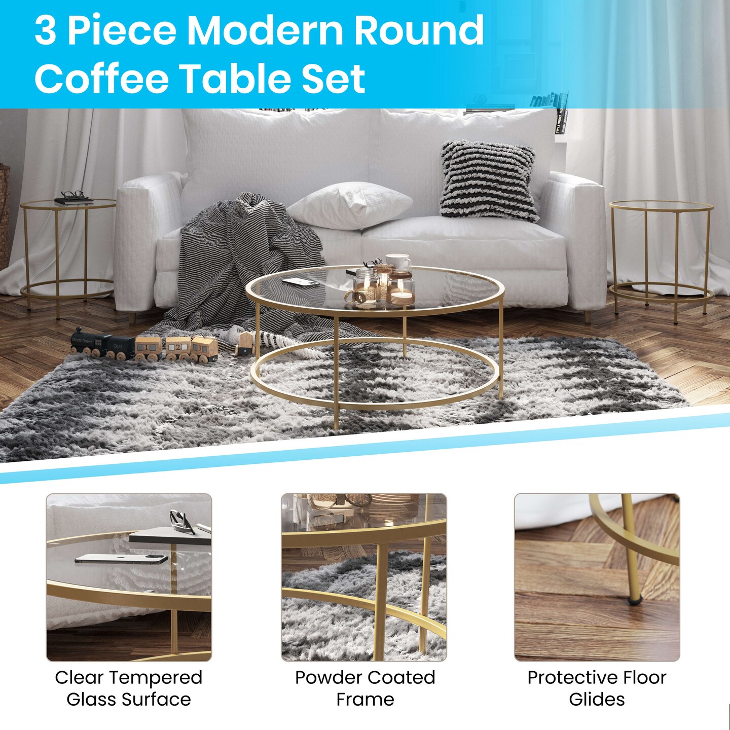 Merrick Lane Newbury Round Glass Coffee Table Set - 3 Piece Glass Table Set with Metal and Vertical Legs