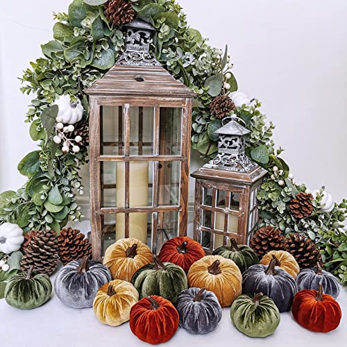 16 Pcs Assorted Small Faux Rustic Harvest Velvet Pumpkins Decorative Rust Orange Gold Olive Gray Fabric Pumpkins Foam Pumpkins for Farmhouse Fall Thanksgiving Halloween Table Centerpiece Mantel Decor