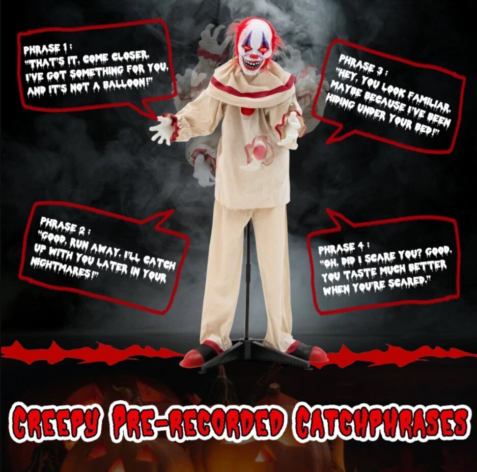 Halloween Prop Decoration - 5FT Grins Animatronic Killer Clown with Glowing Red Eyes