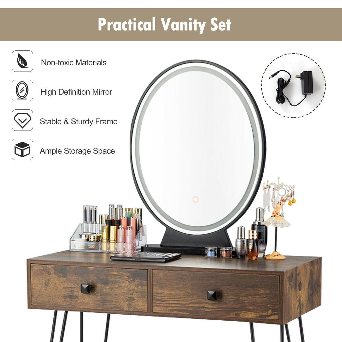 Makeup Dressing Table Included Soft Cushion Seat Stool with 3 Lighting Modes and 2 Large Drawers