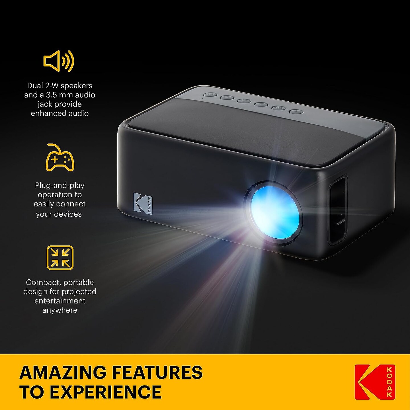 KODAK FLIK X1 Mini Pico Projector, Compact 100" Mini Projector with Remote Control & Speakers