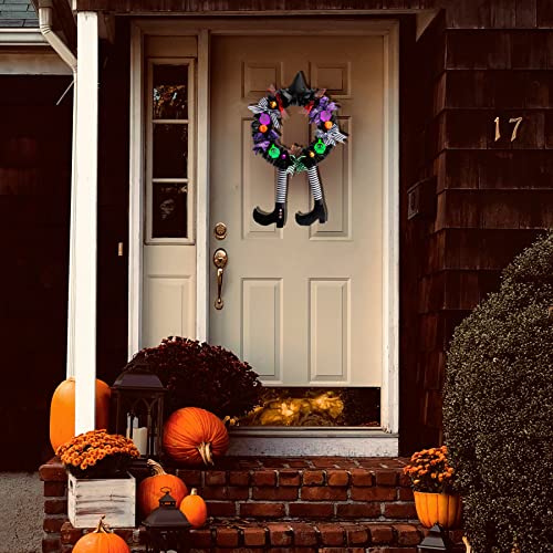 Halloween Wreath Outdoor Decorations - 24 X 15&#x27;&#x27; Door Wreaths for Front Door, Witch Decor with Hat Legs Pumpkin Halloween Hanging Decor Skeleton Welcome Black Wreath Sign Outdoor