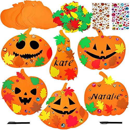 30 Kits Foam Halloween Pumpkin Decorations DIY Pumpkin Craft Kits Assorted Foam Pumpkin Shapes with Fall Maple Leaves Rhinestone Stickers for Kids Crafts Fall Thanksgiving Halloween Decoration