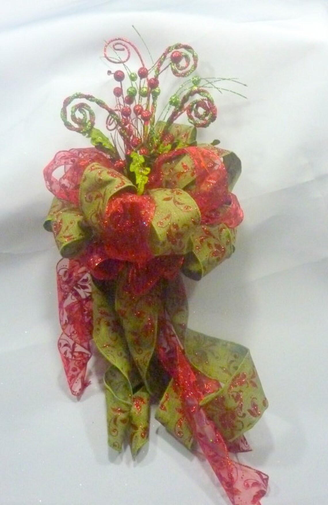 Red and Green Glittered Ribbon Tree topper, Bow Tree Topper ...