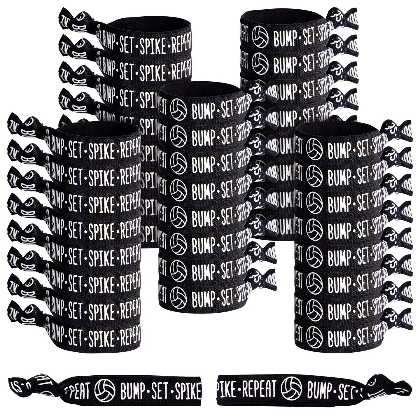 50-Pack Volleyball Hair Ties for Girls, Accessories, Bracelets, Elastic Bands, Bulk Gifts for Team Featuring the Words &#x22;Bump - Set - Spike - Repeat&#x22; (3.35x0.6 in)