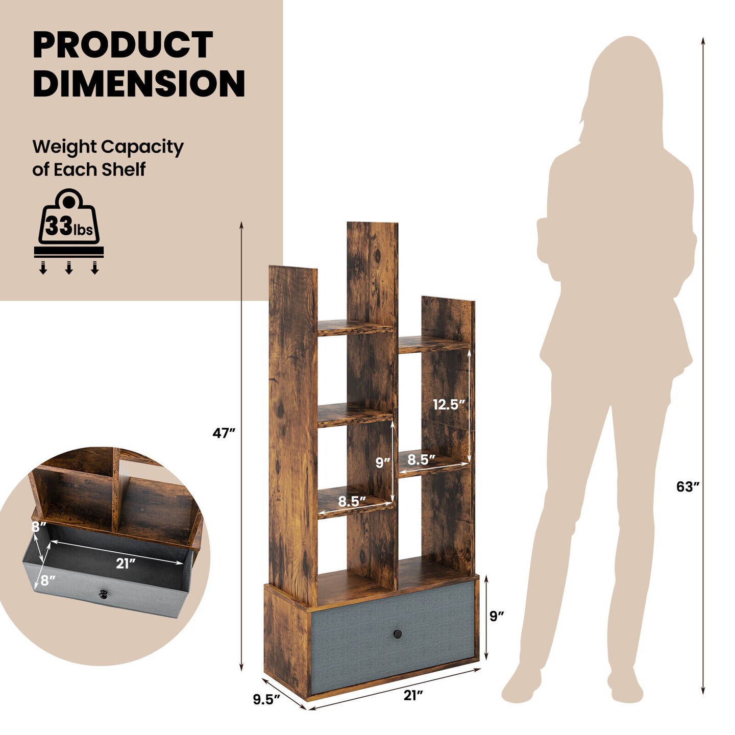 7-Tier Open-Back Bookshelf with Drawer