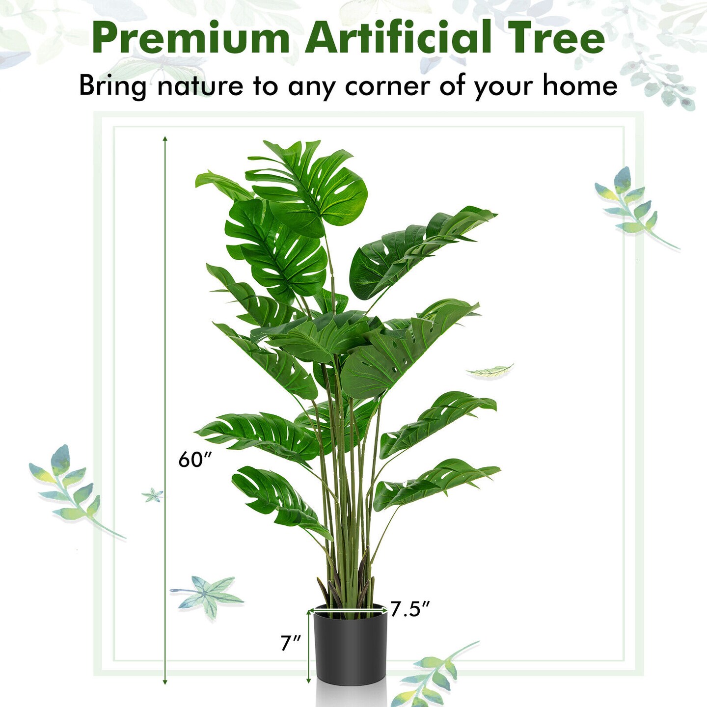 Green PEVA Plastic Monstera Artificial Tree 60 Inch with Cement Pot Set of 2 for Home and Office Decor