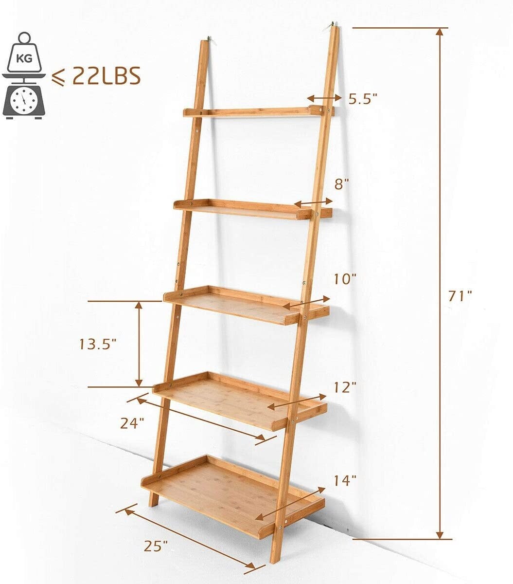 5-Tier Ladder Shelf Bamboo Bookshelf Wall-Leaning Storage Display Plant Stand-Natural