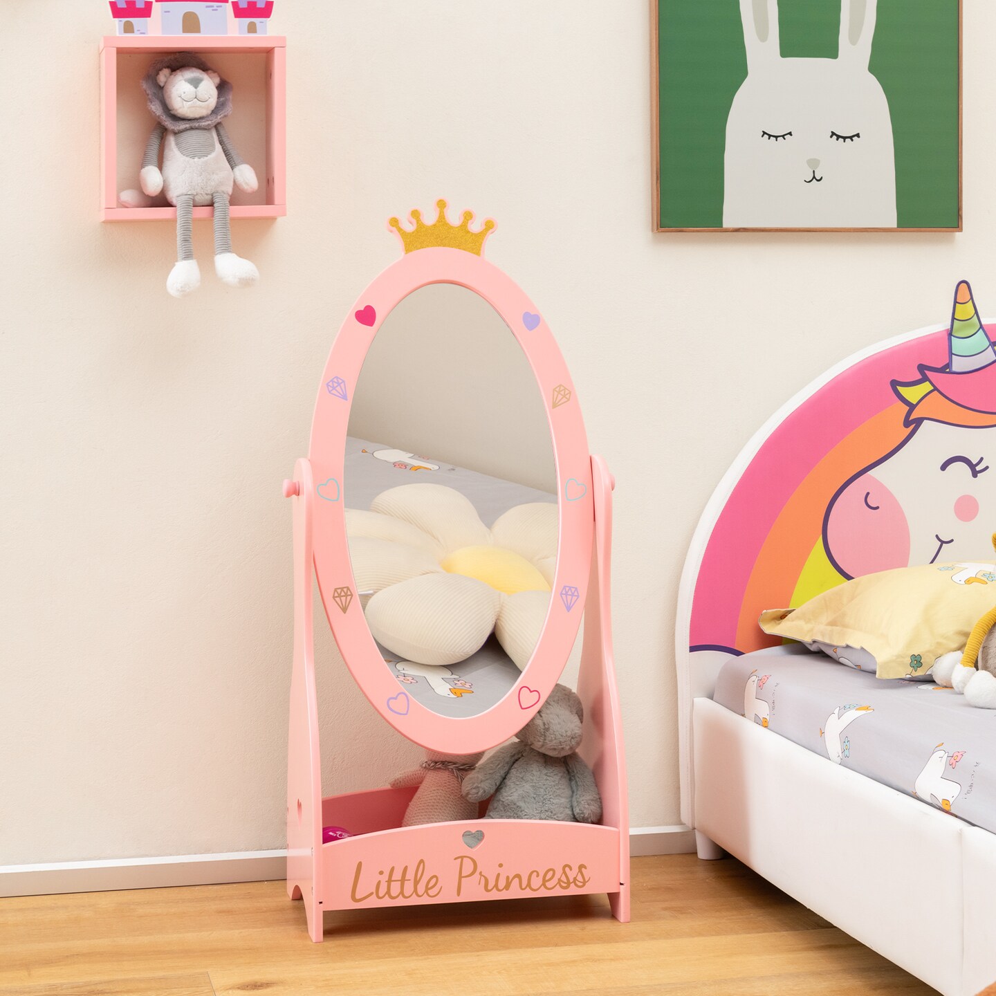Freestanding Kids Full Length Mirror with 360 Degree Rotatable Design and Shelf