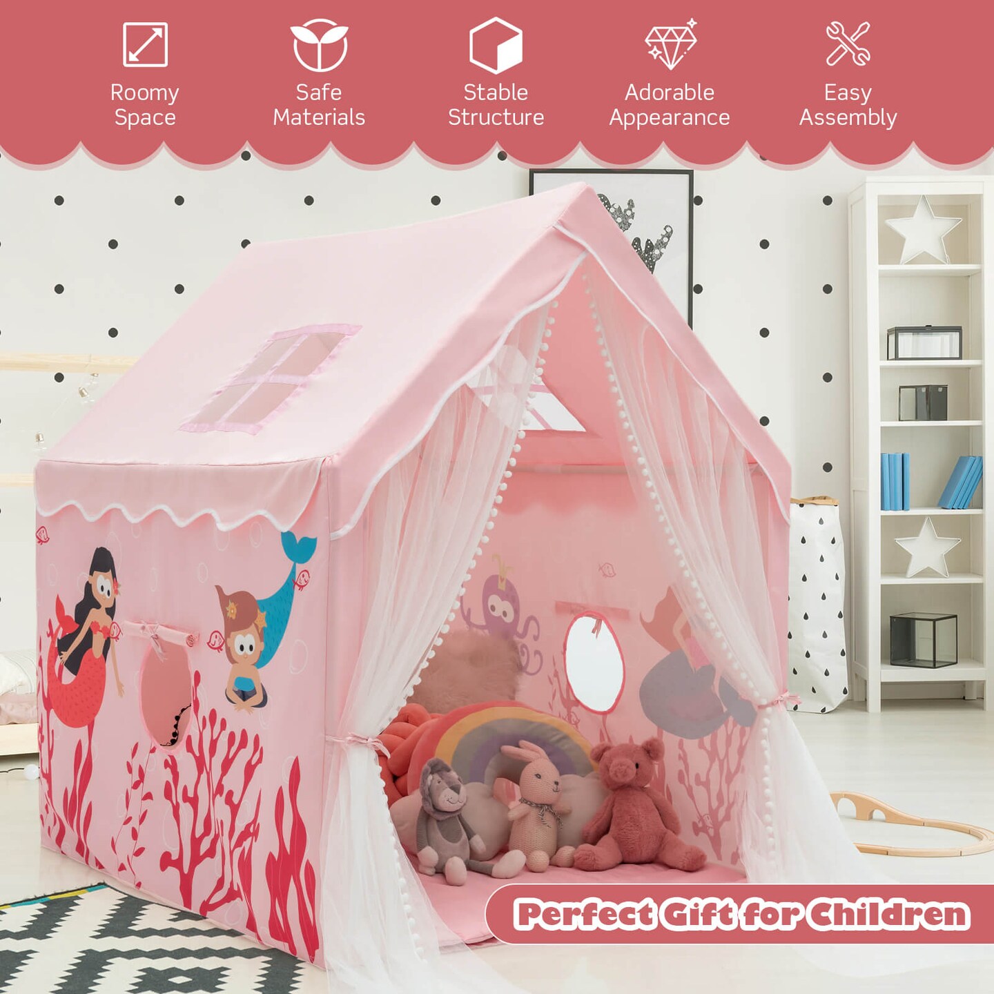 Kids Indoor Playhouse Tent with Removable and Comfortable Cotton Mat and Mesh Curtains