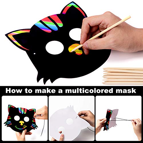 KXCOFTXI Halloween Mask Craft Kit for Kids, 52 Pcs Kids Magic Scratch Paper Animal Masks, DIY Rainbow Scratch Art Masks for Halloween and Animal Birthday Party