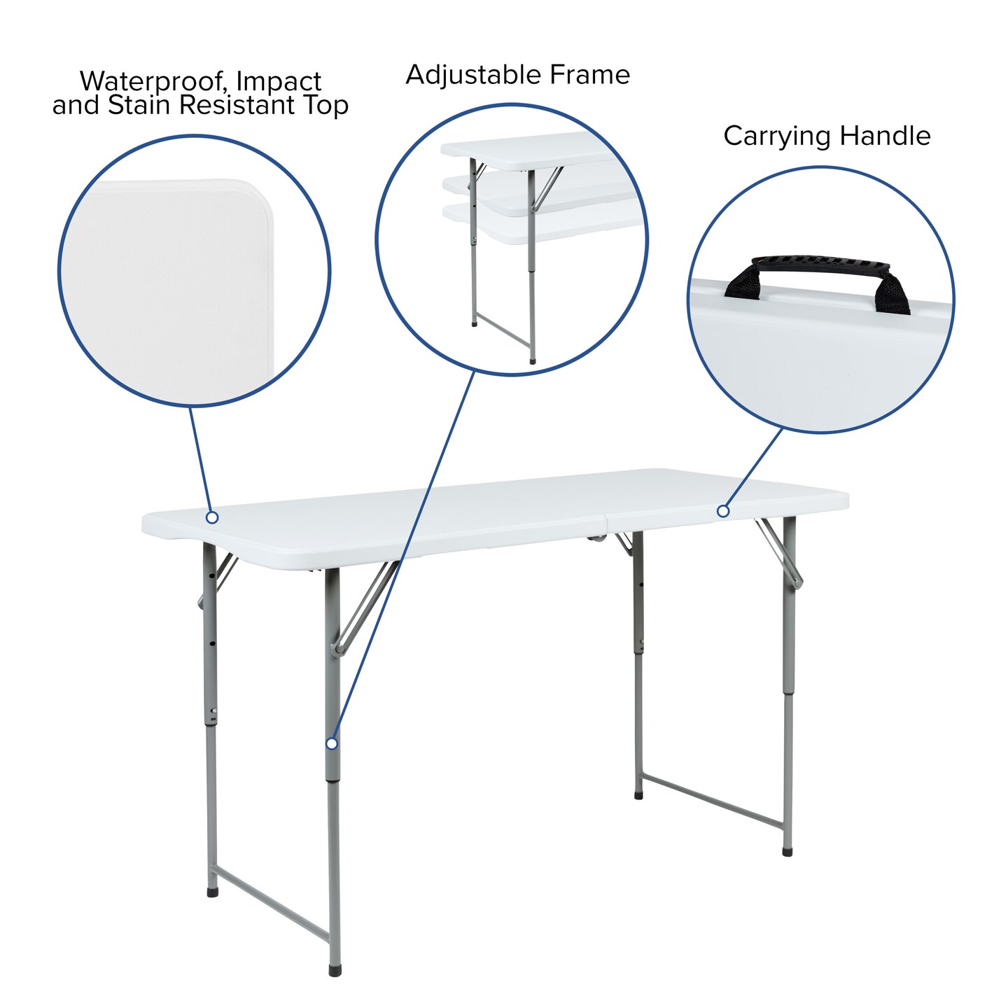 Emma and Oliver Height Adjustable Bi-Fold Plastic Folding Table with Carrying Handle