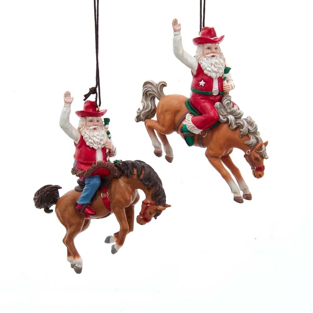 KSA Pack of 12 Red and Brown Santa with Bronco Christmas Ornaments 4"