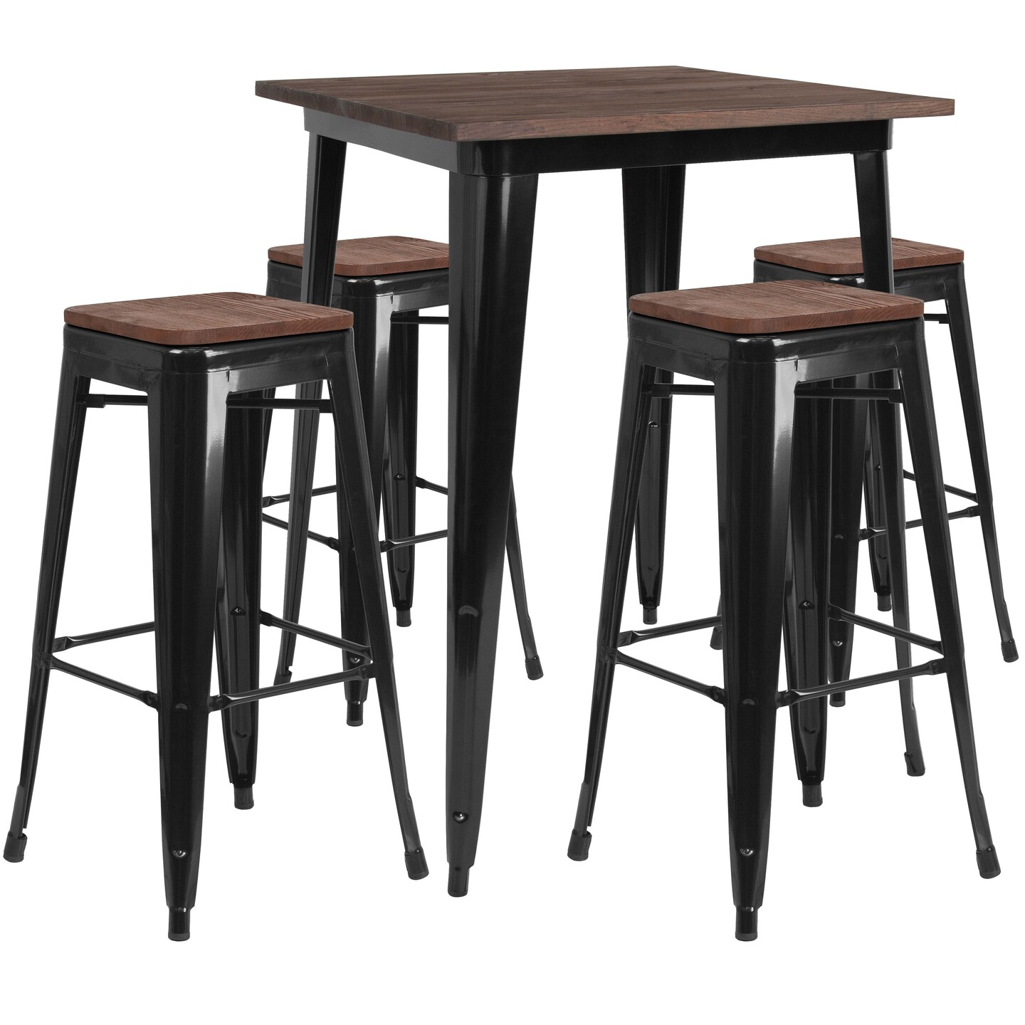 Merrick Lane 5 Piece Bar Table and Stools Set with 31.5&#x22; Square Metal Table with Wood Top and 4 Matching Bar Stools