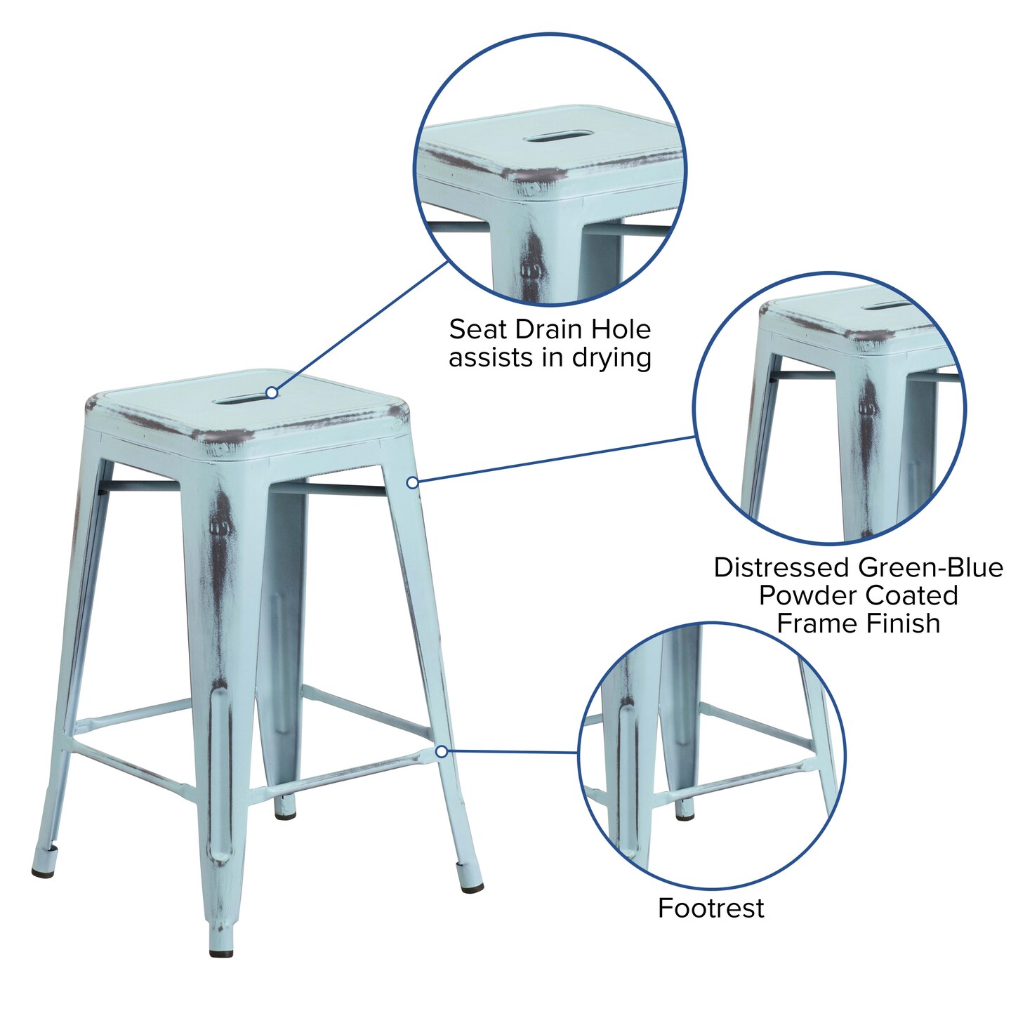 Emma and Oliver Commercial Grade 4 Pack 24&#x22; High Backless Distressed Metal Indoor-Outdoor Counter Height Stool
