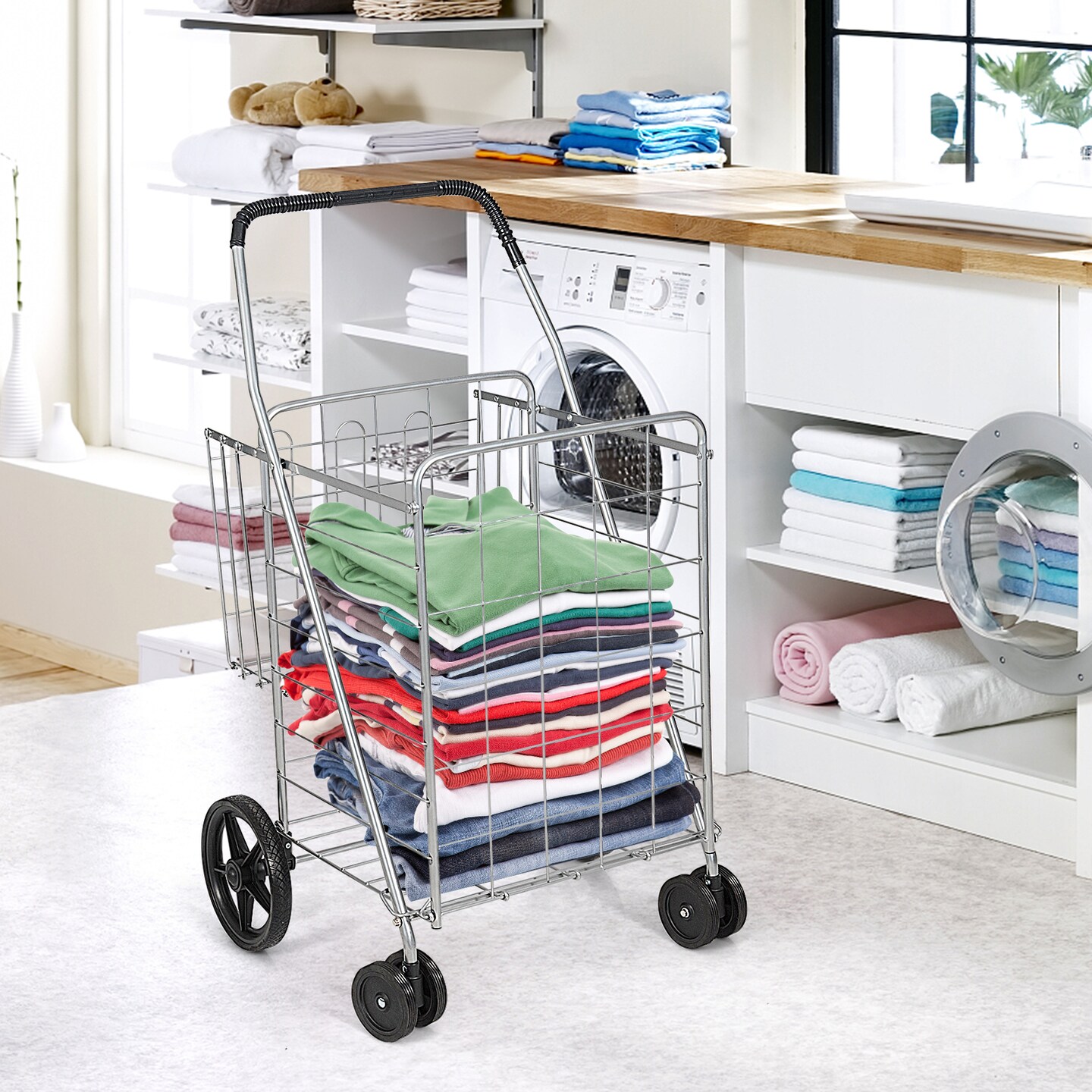 Folding Shopping Cart for Laundry with Swiveling Wheels &#x26; Dual Storage Baskets
