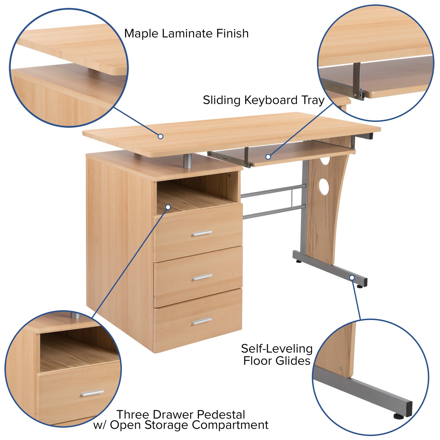 Emma and Oliver Desk with Three Drawer Single Pedestal and Pull-Out Keyboard Tray